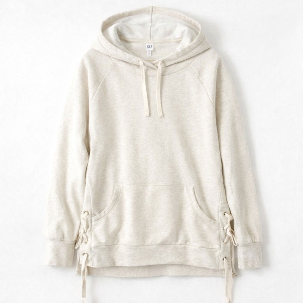 GAP Womens Hoodie Small Cream‎ Lace Up Side Pocket Pullover Sweatshirt